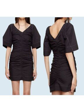 GANNI Black Ruched Form Fitting V Neck Mini Dress Size S